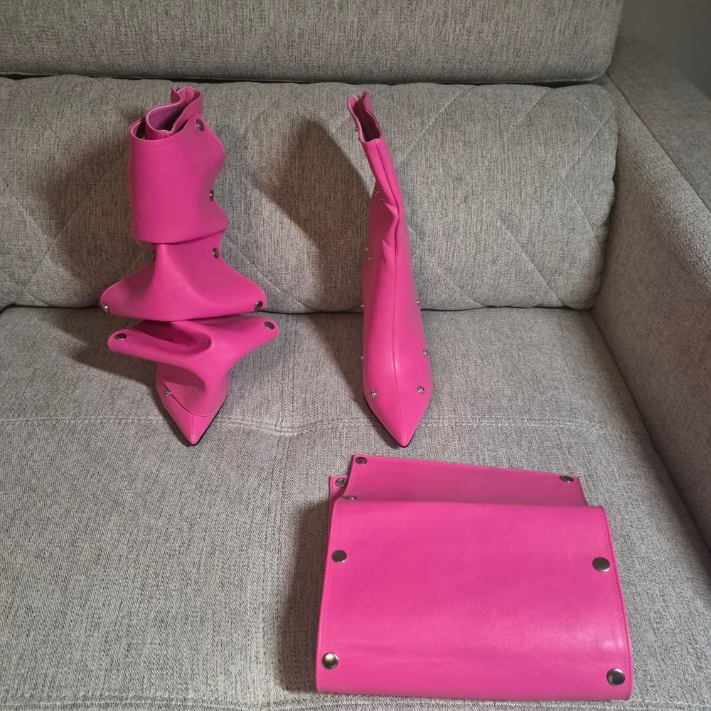 Hot Pink Snap Overlay Stiletto Boots Women Pointed Toe Avant Garde Pink Booties